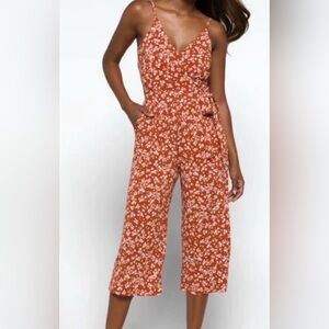 Floral Rust Wide-Leg Jumpsuit with Tie Waist